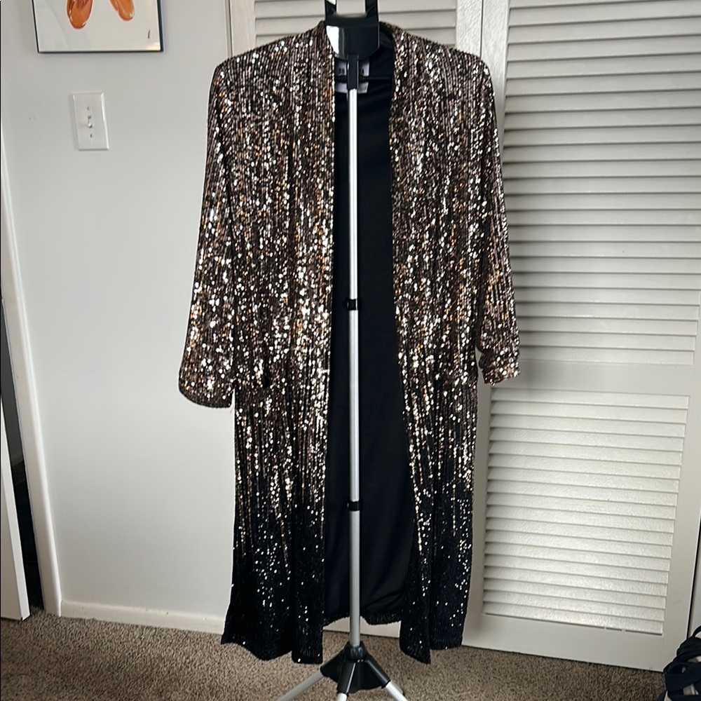 BB Dakota Showstopper Sequin Long Black and Gold/Bronze Cardigan